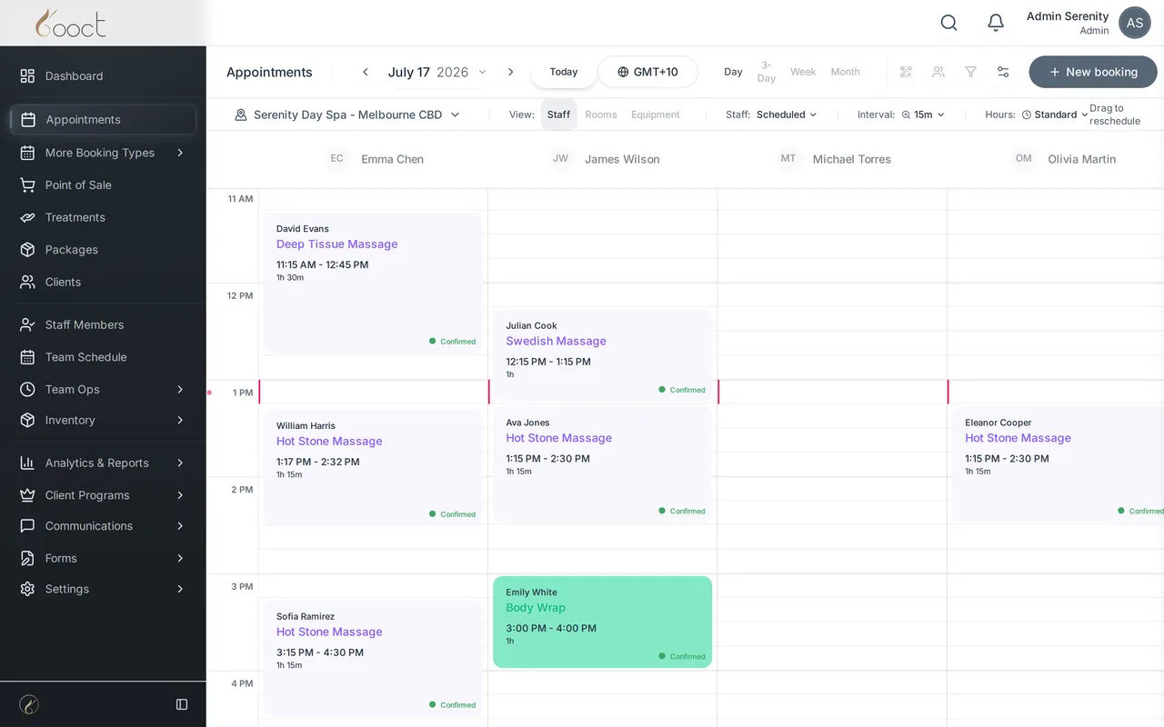 Booct appointment book, day view: four staff columns with colour-coded, confirmed appointments across an afternoon