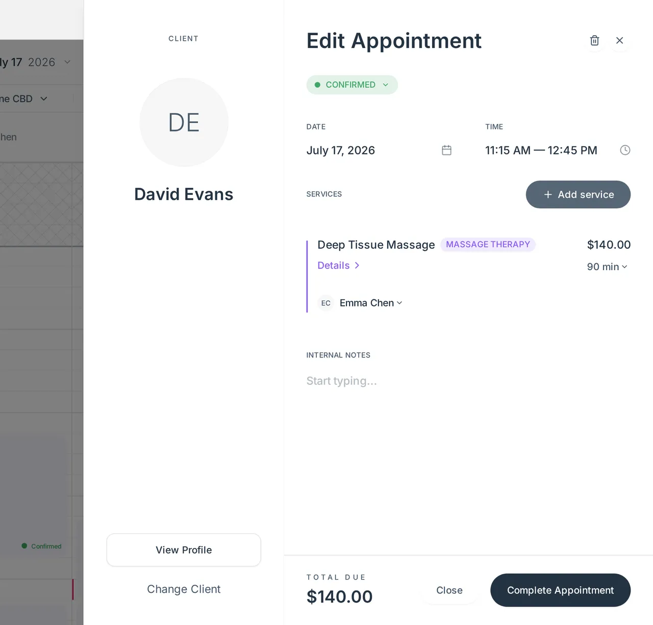 Booct appointment drawer: the client on the left with their photo initials and profile actions, and the appointment on the right — service, duration, price, staff member, internal notes and a Complete Appointment button