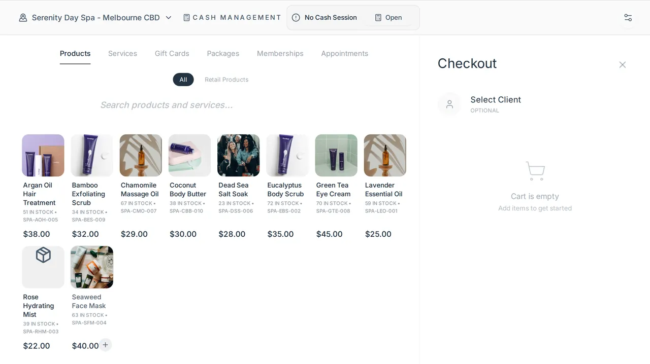 Booct point of sale: retail products with photos, stock counts and prices beside a checkout panel